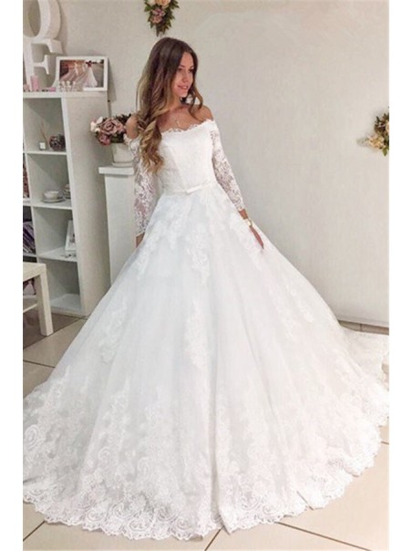 A-Line Lace Off the Shoulder Wedding Dresses Bridal Gowns 903284