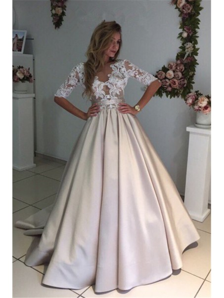 A-Line Lace and Satin Wedding Dresses Bridal Gowns 903285