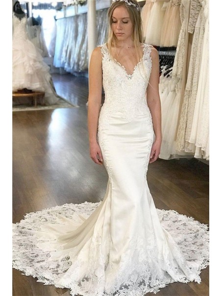 Mermaid Lace V Neck Long Wedding Dresses Bridal Gowns 903291