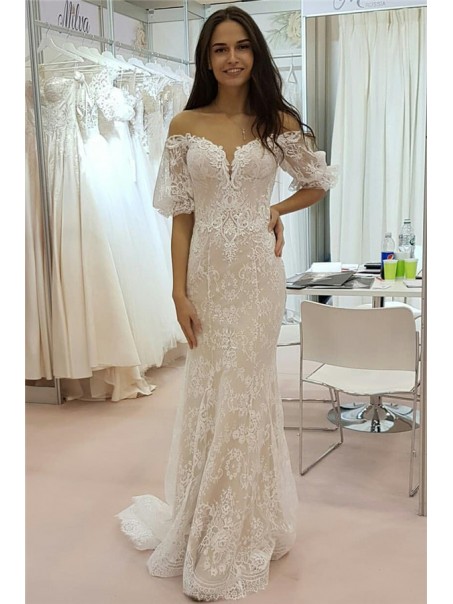Mermaid Lace Wedding Dresses Bridal Gowns with Short Sleeves 903294