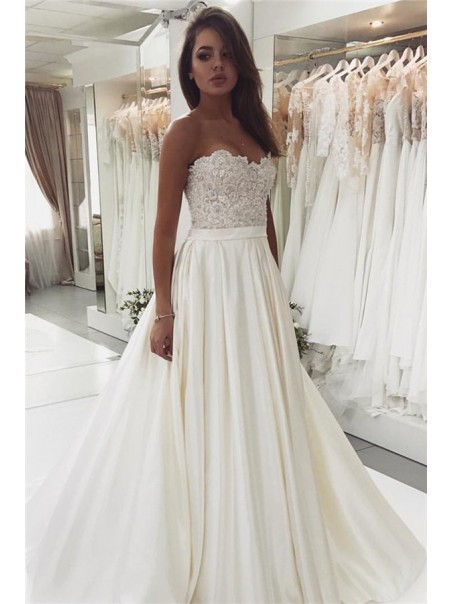 A-Line Lace and Satin Long Wedding Dresses Bridal Gowns 903313 A-Line Lace and Satin Long Wedding Dresses Bridal Gowns 903313