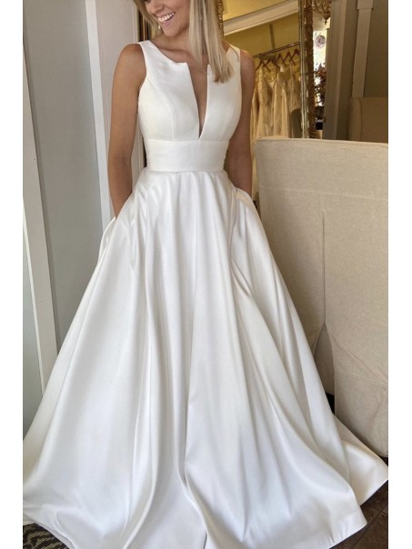 A-Line Long Satin Wedding Dresses Bridal Gowns with Pockets 903358 A-Line Long Satin Wedding Dresses Bridal Gowns with Pockets 903358