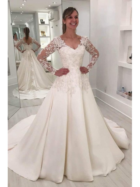 A-Line Lace Long Sleeves V Neck Wedding Dresses Bridal Gowns 903363 A-Line Lace Long Sleeves V Neck Wedding Dresses Bridal Gowns 903363