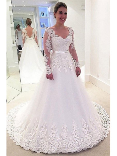 A-Line Long Sleeves Lace Wedding Dresses Bridal Gowns 903367