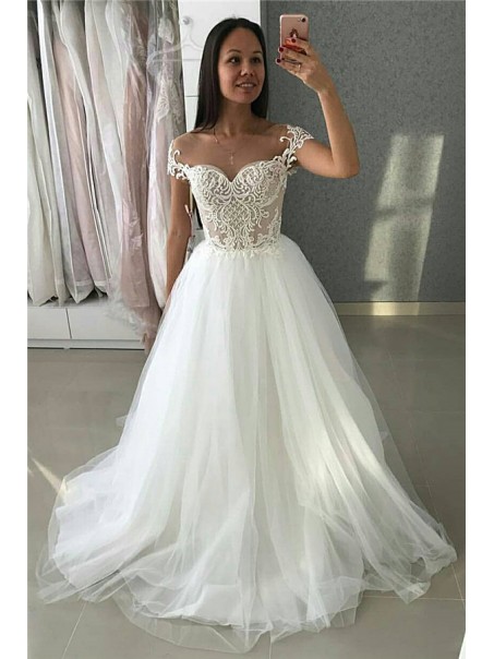 A-Line Lace and Tulle Long Wedding Dresses Bridal Gowns 903370