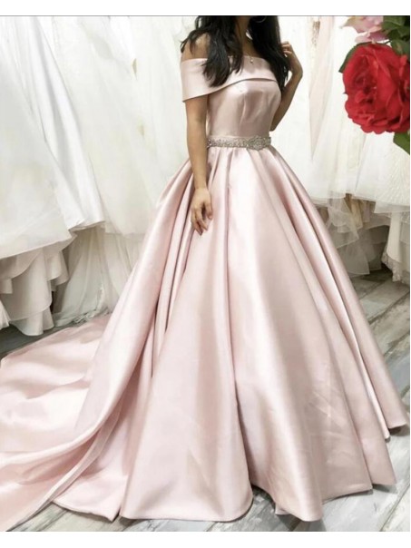 A-Line Long Satin Off the Shoulder Wedding Dresses Bridal Gowns 903373