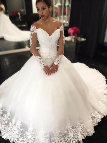 A-Line Lace Long Sleeves Off the Shoulder Wedding Dresses Bridal Gowns 903375
