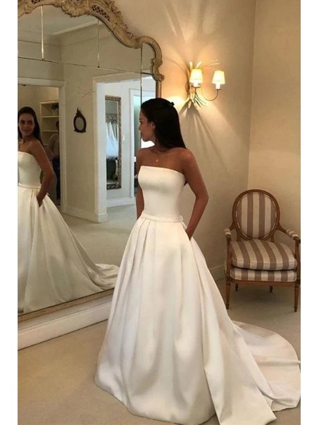 A-Line Strapless Long Satin Wedding Dresses Bridal Gowns 903387