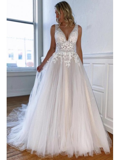 A-Line Lace and Tulle V Neck Wedding Dresses Bridal Gowns 903391