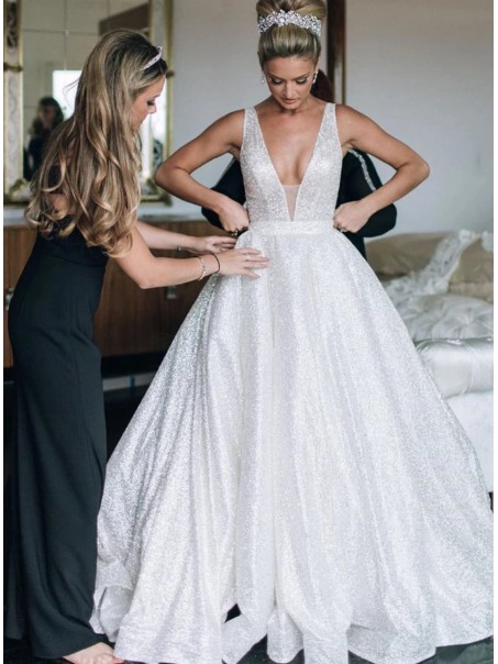A-Line Sparkle V Neck Long Wedding Dresses Bridal Gowns 903395