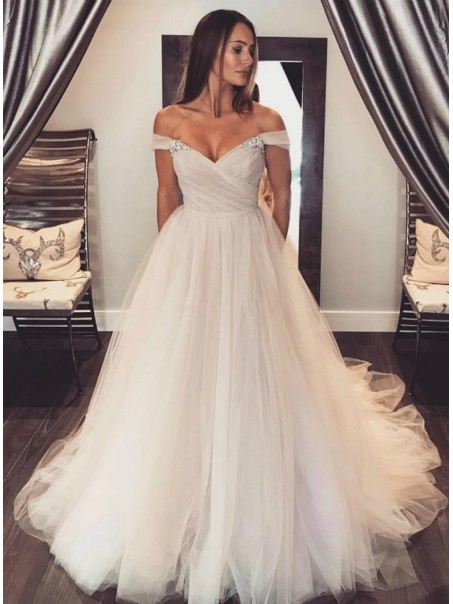 A-Line Beaded Tulle Off the Shoulder Wedding Dresses Bridal Gowns 903396