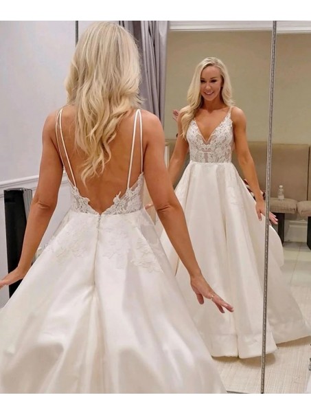 A-Line Lace V Neck Long Wedding Dresses Bridal Gowns 903401
