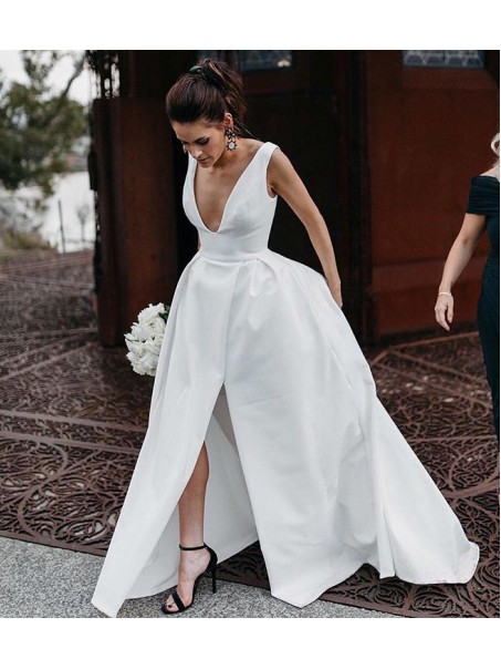 A-Line Long Satin V Neck Wedding Dresses Bridal Gowns 903407