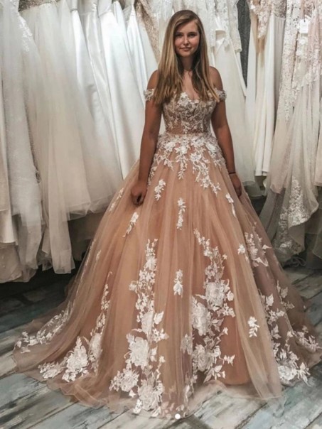 A-Line Off the Shoulder Lace and Tulle Wedding Dresses Bridal Gowns 903408
