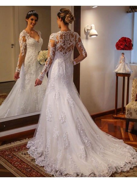 Elegant Lace Long Sleeves Wedding Dresses Bridal Gowns 903412