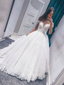 A-Line Off the Shoulder Lace Wedding Dresses Bridal Gowns 903426
