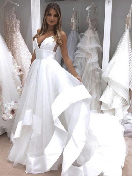 A-Line Tulle V Neck Wedding Dresses Bridal Gowns 903427