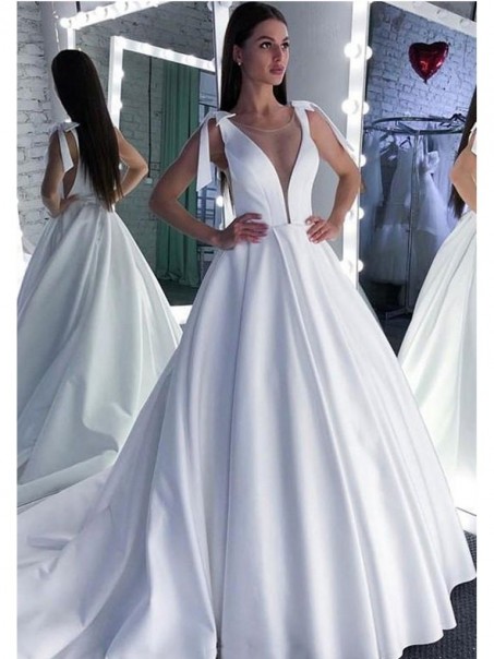 A-Line Long Satin Wedding Dresses Bridal Gowns 903429