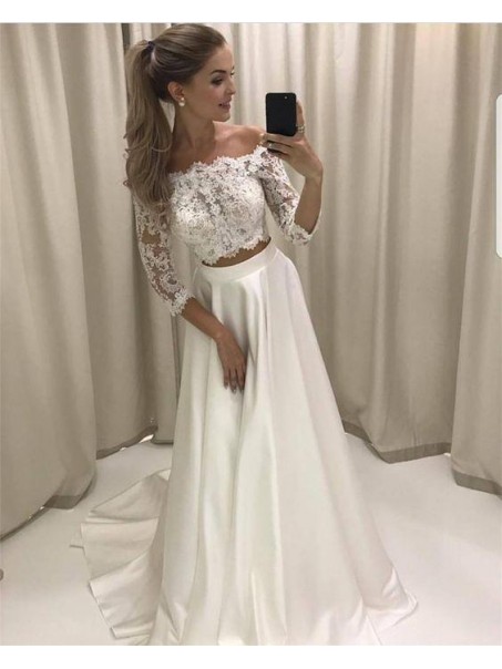 Long Two Pieces Lace and Satin Wedding Dresses Bridal Gowns 903452