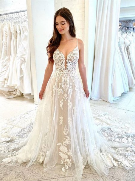 A-Line Lace and Tulle Wedding Dresses Bridal Gowns 903456