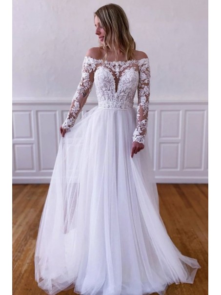A-Line Lace and Tulle Long Sleeves Wedding Dresses Bridal Gowns 903457