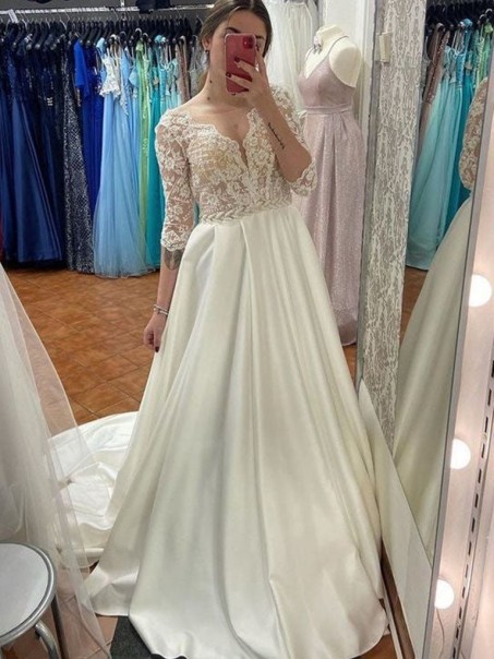 A-Line Lace and Satin Wedding Dresses Bridal Gowns 903471