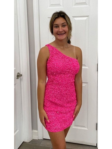 Short Sparkle Sequins One Shoulder Tight Fuchsia Lace Prom Dress Homecoming Graduation Dresses 904019