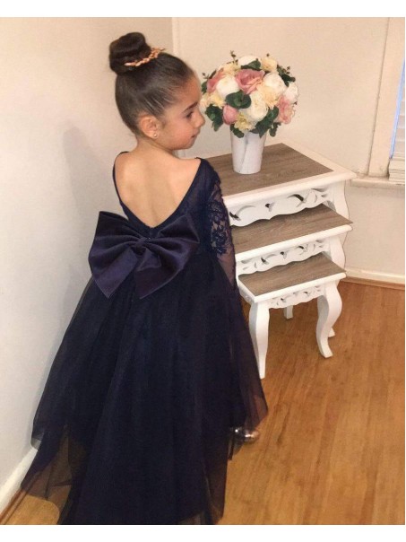 Lace and Tulle Long Sleeves Navy Blue Floor-Length Flower Girl Dresses 905004