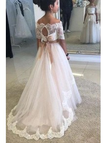 Lace and Tulle Flower Girl Dresses with Sleeves 905028