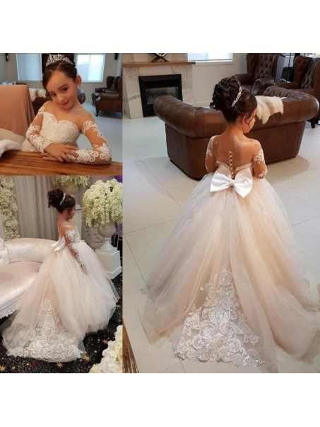 Lace and Tulle Long Sleeves Flower Girl Dresses 905081