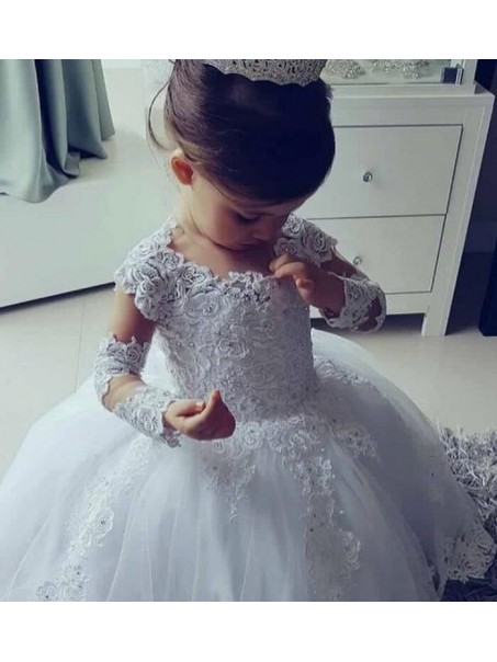 Lace and Tulle Long Sleeves Flower Girl Dresses 905084