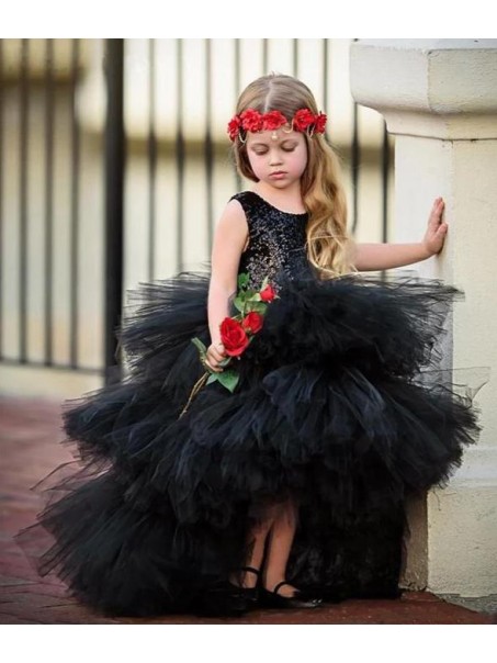 Black Sequins and Tulle High Low Flower Girl Dresses 905093 Black Sequins and Tulle High Low Flower Girl Dresses 905093