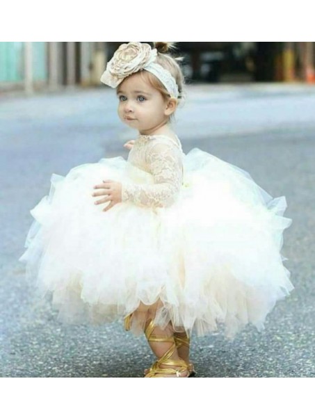Cute Lace and Tulle Long Sleeves Flower Girl Dresses 905094