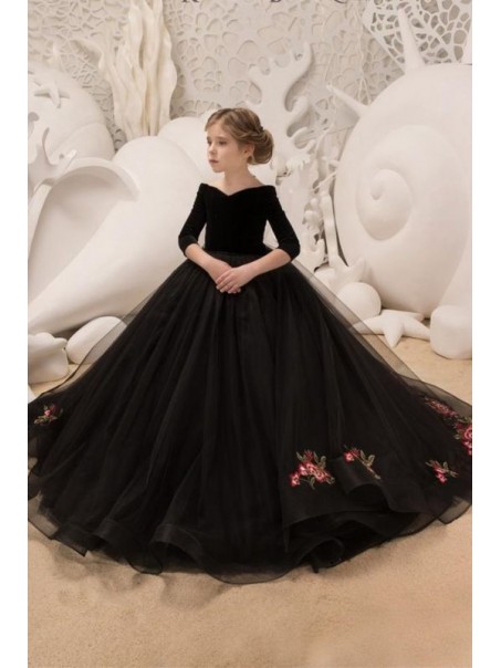 Long Black Tulle Flower Girl Dresses with Sleeves 905097 Long Black Tulle Flower Girl Dresses with Sleeves 905097