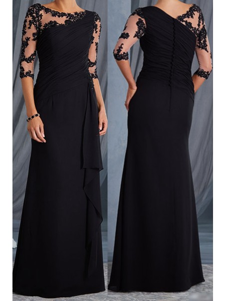 Elegant Illusion Bodice 3/4 Length Sleeves Lace Chiffon Long Mother of The Bride Dresses 907006