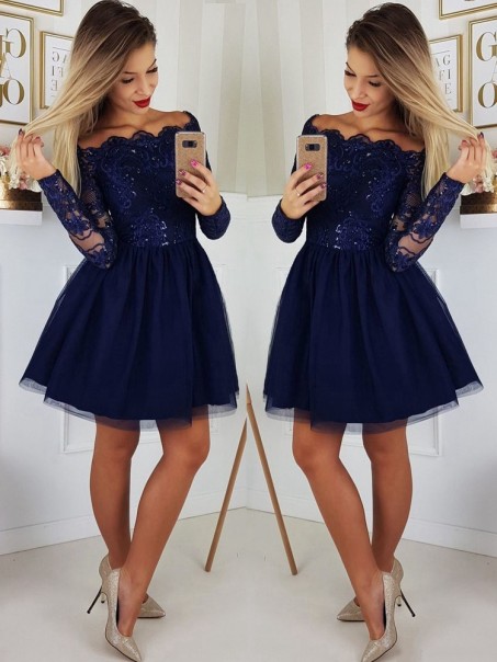 A-Line Off-the-Shoulder Short Chiffon Lace Prom Homecoming Graduation Party Dresses 99201001