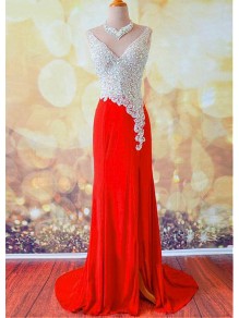 Long Red Beaded V-Neck Chiffon Long Prom Formal Evening Dresses 99501054