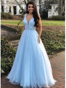 A-Line Beaded V-Neck Long Prom Dresses Formal Evening Gowns 995011000