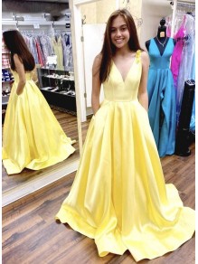 A-Line Long Yellow V-Neck Prom Dresses Formal Evening Gowns 995011001 A-Line Long Yellow V-Neck Prom Dresses Formal Evening Gowns 995011001
