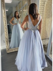 A-Line Beaded Lace V-Neck Long Prom Dresses Formal Evening Gowns 995011005