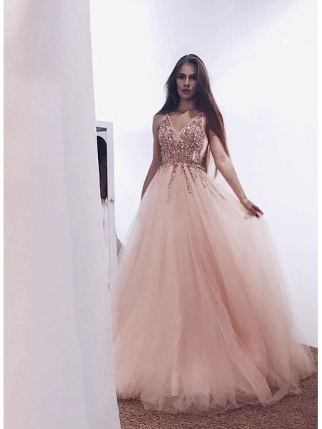 A-Line Beaded Tulle Long Prom Dresses Formal Evening Gowns 995011010