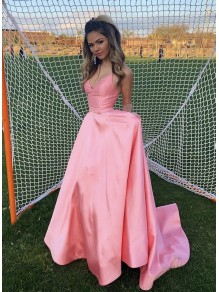A-Line Long Satin V-Neck Prom Dresses Formal Evening Gowns 995011013
