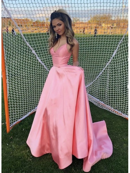 A-Line Long Satin V-Neck Prom Dresses Formal Evening Gowns 995011013