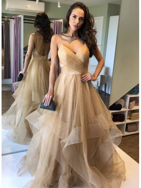 A-Line Tulle V-Neck Long Prom Dresses Formal Evening Gowns 995011023