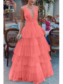 A-Line Tulle V-Neck Long Prom Dresses Formal Evening Gowns 995011025