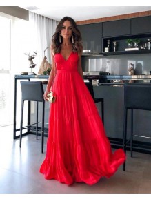 A-Line Long Red V-Neck Prom Dresses Formal Evening Gowns 995011027