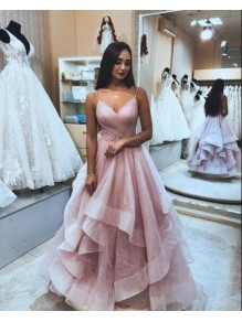 A-Line Sequins Tulle V-Neck Long Prom Dresses Formal Evening Gowns 995011029