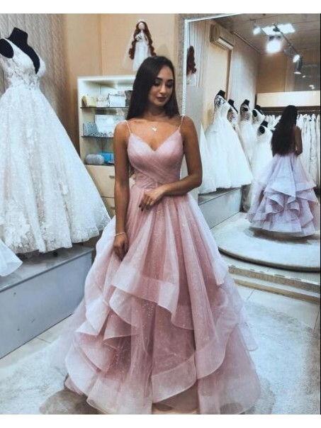 A-Line Sequins Tulle V-Neck Long Prom Dresses Formal Evening Gowns 995011029