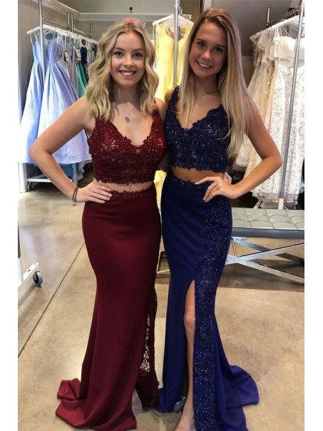 Mermaid Beaded Lace Two Pieces Long Prom Dresses Formal Evening Gowns 995011030
