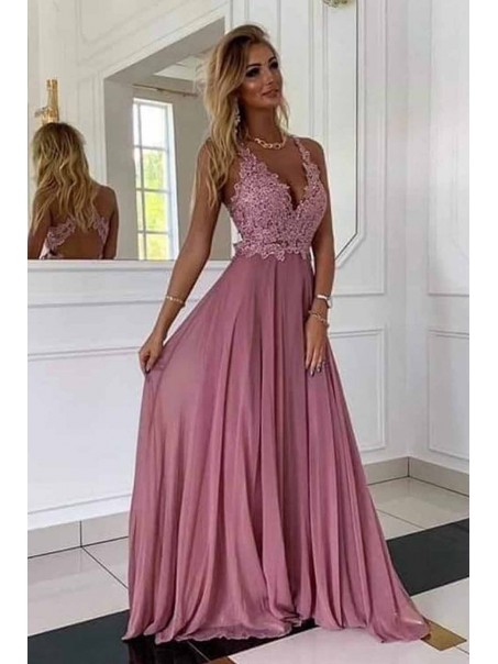 A-Line Lace Chiffon V-Neck Long Prom Dresses Formal Evening Gowns 995011041